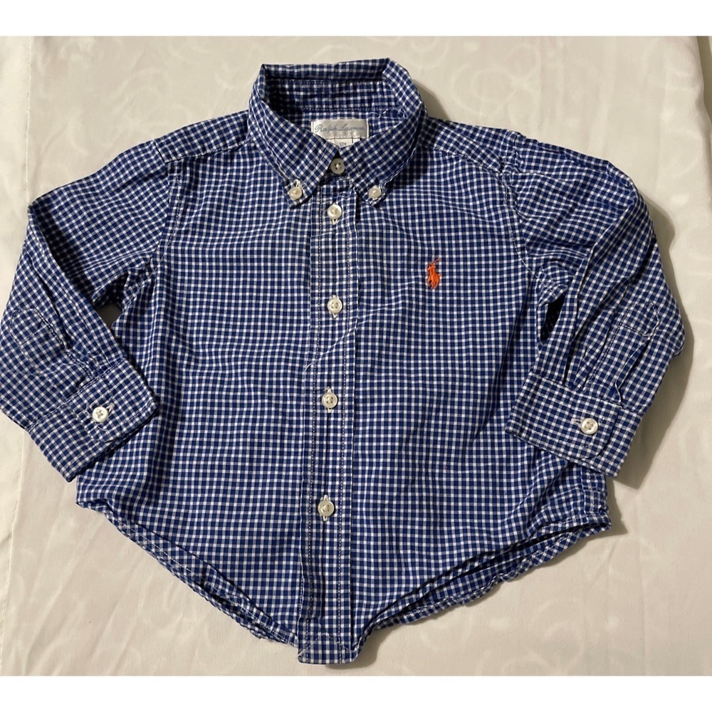 Infant Boys Ralph Lauren Blue & White Checked Button Up Shirt Size 12 Months - Picture 2 of 3